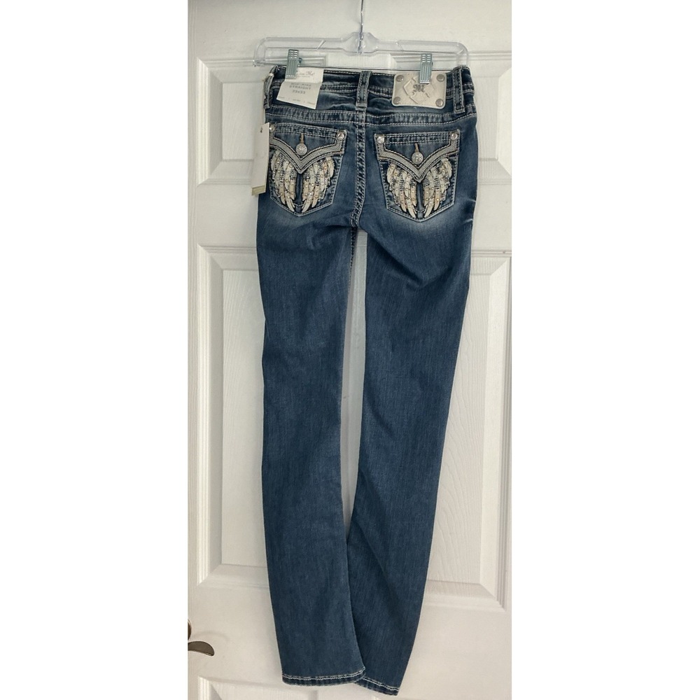 Miss Me Jeans Women's 23x33 Straight Leg Dark Wash Embellished Flap Pockets NWT